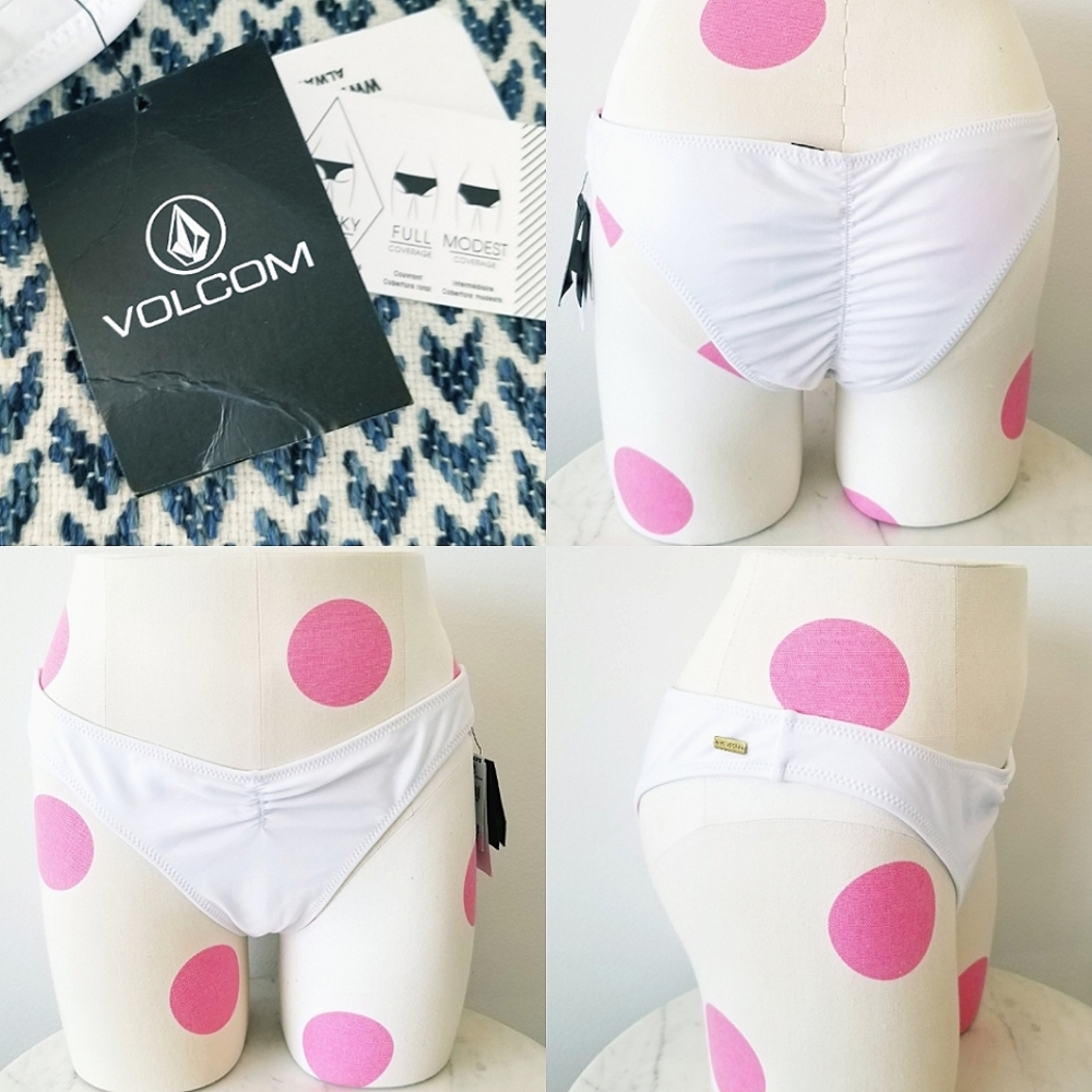 Volcom White Itsy Cheeky Strappy Swim Bikini Bottom with Ruching NWT